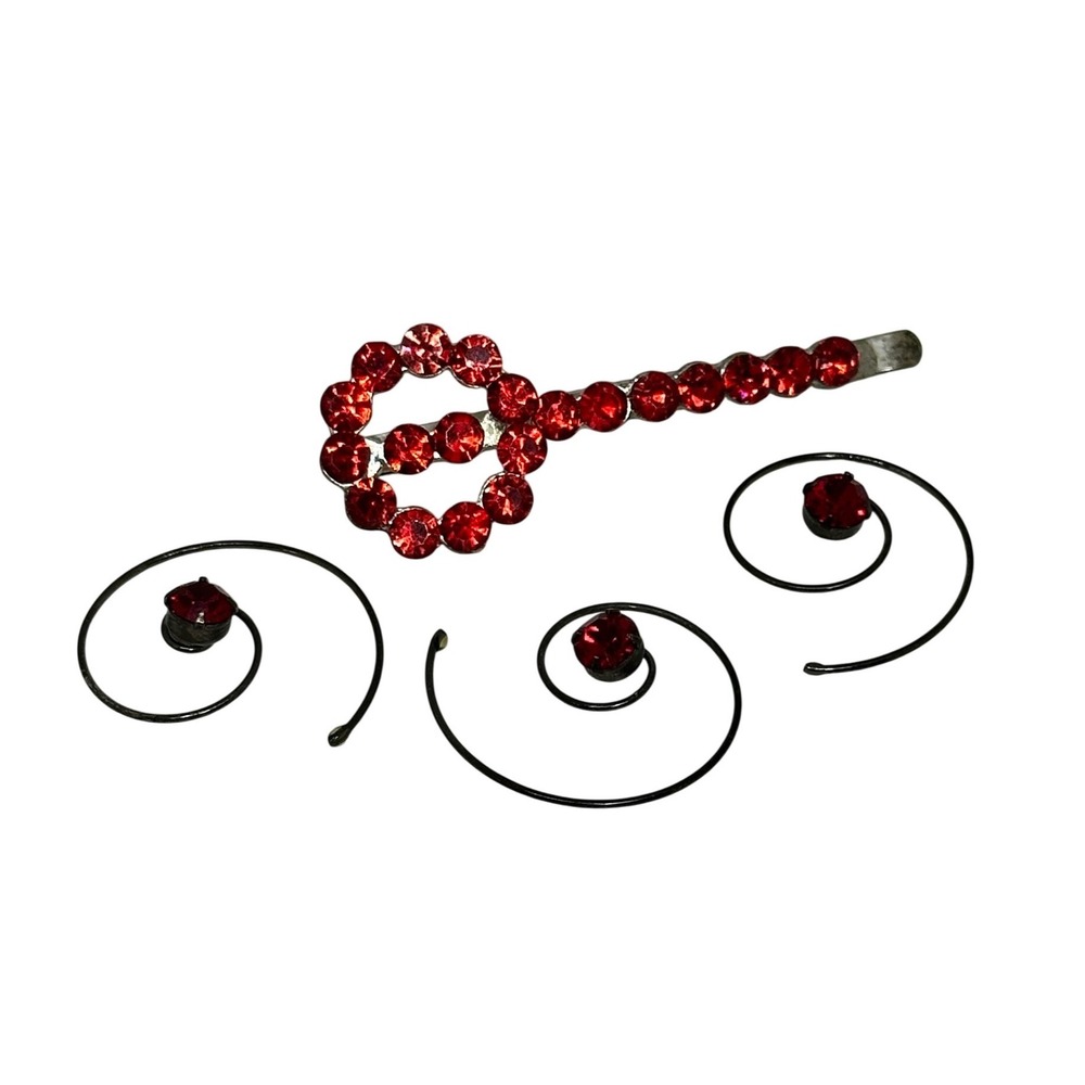 VTG Hair Accessories Red Rhinestone Barrette and Spiral Twists Set Womens OS